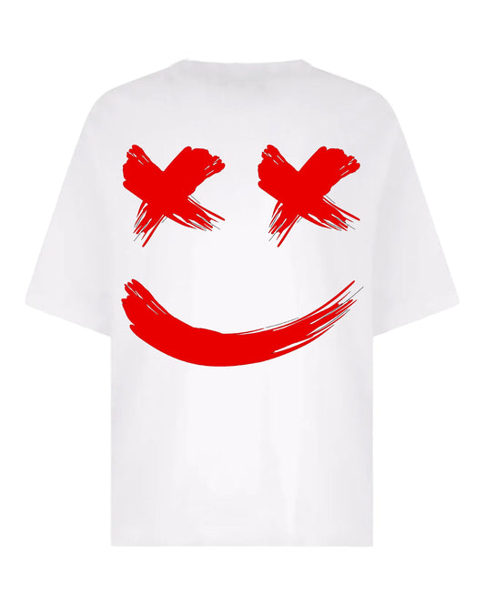 "Crimson Cheer: Smiley Edition" Unisex Oversized T-Shirt