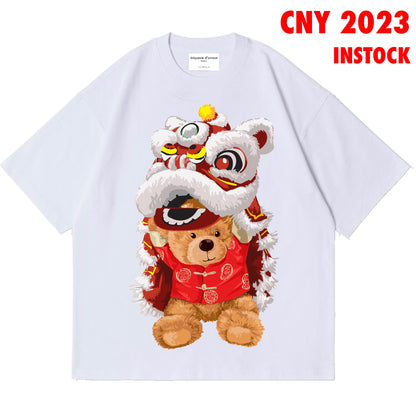 ETDM Unisex Oversized Tee | CNY | 2 | Teddy Bear Lion Dance in White